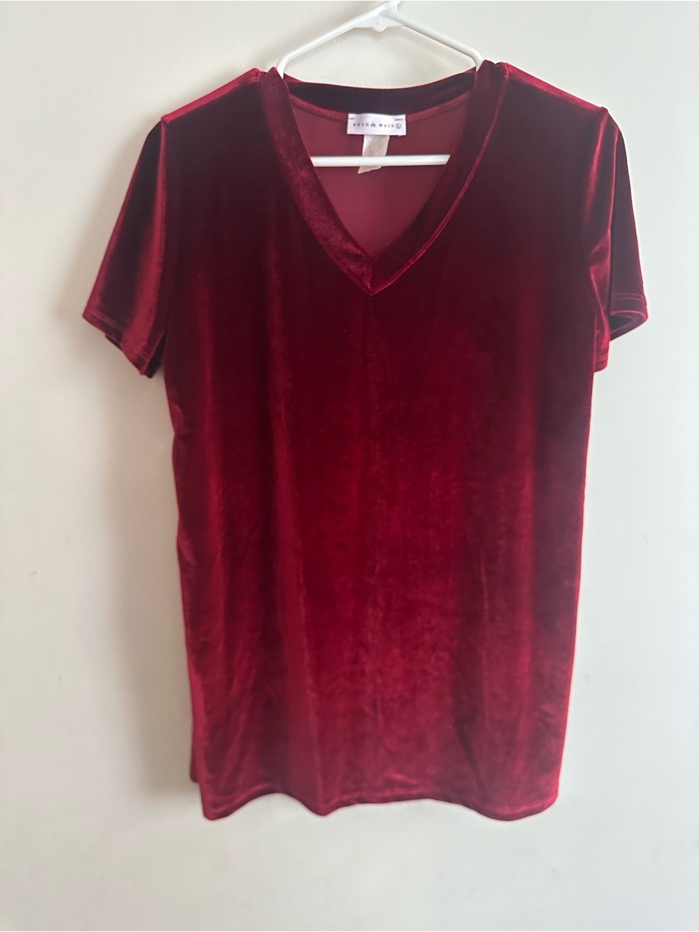 Coco and Main Velvet V-Neck Short Sleeve Tee in Burgundy by unknown